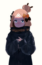 Rule 34 | 1girl, abigail williams (fate), abigail williams (traveling outfit) (fate), bandaid, bandaid on face, bandaid on forehead, belt, black bow, black jacket, blonde hair, blue eyes, blush, bow, breasts, crossed bandaids, fate/grand order, fate (series), forehead, hair bow, hair bun, heroic spirit traveling outfit, high collar, highres, itetuki, jacket, long hair, long sleeves, looking at viewer, multiple hair bows, official alternate costume, open mouth, orange belt, orange bow, parted bangs, polka dot, polka dot bow, single hair bun, small breasts, white background