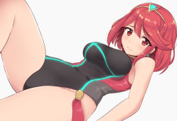 Rule 34 | 1girl, bare shoulders, blush, breasts, closed mouth, competition swimsuit, earrings, furrowed brow, groin, jewelry, kayama kenji, looking at viewer, medium breasts, nintendo, one-piece swimsuit, pyra (pro swimmer) (xenoblade), pyra (xenoblade), red eyes, red hair, short hair, simple background, smile, solo, swimsuit, thighs, tiara, white background, xenoblade chronicles (series), xenoblade chronicles 2