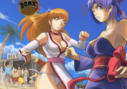 Rule 34 | 2girls, armor, ayane (doa), ball, bare shoulders, battle, beach, beach volleyball, blue sky, bow, breasts, brown eyes, brown hair, choker, cleavage, day, dead or alive, dead or alive xtreme, detached sleeves, fighting stance, headband, highres, in the face, japanese armor, kasumi (doa), kote, large breasts, long hair, multiple girls, ninja, obi, outdoors, panties, parted lips, pelvic curtain, purple eyes, purple hair, sash, sheath, sheathed, short hair, siblings, side-tie panties, side slit, sisters, sky, sword, tecmo, underwear, unknown tico, wakizashi, weapon, weapon on back, white panties