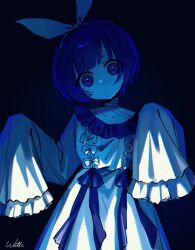 Rule 34 | 1girl, blank stare, blue background, blue eyes, blue hair, blue ribbon, blue theme, blunt bangs, bow, closed mouth, collarbone, dark, dot mouth, dot nose, dress, expressionless, film grain, frilled dress, frills, hair bow, hairband, hands up, head tilt, highres, horror (theme), indie utaite, long sleeves, looking at viewer, outline, pale skin, ribbon, short hair, signature, sleeves past fingers, sleeves past wrists, solo, unnamed girl (x0o0x), utaite, very long sleeves, w (02won won20), white bow, white hairband