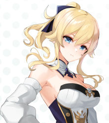 Rule 34 | 1girl, bare shoulders, blonde hair, blue bow, blue eyes, bow, breasts, cleavage, closed mouth, commentary request, detached collar, detached sleeves, ebi bento, genshin impact, hair between eyes, hair bow, high ponytail, jean (genshin impact), long hair, looking at viewer, medium breasts, polka dot, polka dot background, ponytail, sidelocks, solo, strapless, upper body, white background, white sleeves