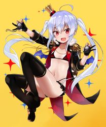 Rule 34 | 1girl, ahoge, bad id, bad pixiv id, badge, bikini, black bikini, black coat, black footwear, black gloves, black thighhighs, blush, coat, collarbone, crown, demon wings, epaulettes, fingerless gloves, flat chest, full body, gloves, gomashi (goma), hair between eyes, highres, holding, loafers, long hair, looking at viewer, mini crown, navel, open clothes, open coat, open mouth, original, red eyes, shoes, sidelocks, silver hair, simple background, smile, solo, sparkle, striped bikini, striped clothes, swimsuit, thighhighs, thighs, tsurime, twintails, wings, yellow background