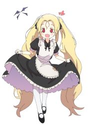 Rule 34 | 1girl, :d, absurdres, apron, black dress, black footwear, black ribbon, blonde hair, blush, collared dress, colored eyelashes, commentary request, dress, fangs, frilled apron, frilled dress, frills, full body, heart, highres, korean commentary, long hair, looking at viewer, luke (dydansgur), neck ribbon, open mouth, original, pantyhose, parted bangs, puffy short sleeves, puffy sleeves, red eyes, ribbon, shoes, short eyebrows, short sleeves, simple background, smile, solo, standing, thick eyebrows, twintails, very long hair, white apron, white background, wrist cuffs