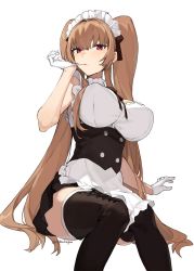 Rule 34 | 1girl, aiko (kanl), apron, azur lane, bare shoulders, biting, black dress, black thighhighs, breasts, brown hair, dress, frilled dress, frills, glove biting, glove pull, gloves, hand up, highres, invisible chair, large breasts, long hair, looking at viewer, maid, maid apron, maid headdress, mole, mole under mouth, red eyes, simple background, sitting, sleeveless, sleeveless dress, solo, swiftsure (azur lane), thighhighs, twintails, very long hair, waist apron, white background, white gloves