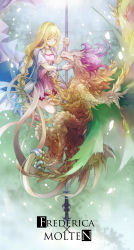 Rule 34 | 1girl, bahamut lagoon, blonde hair, braid, breasts, brown eyes, cape, character name, dragon, dress, frederica (bahamut lagoon), green background, hand up, highres, holding, long hair, pink dress, short sleeves, small breasts, touka (jue), very long hair, wristband, yellow eyes