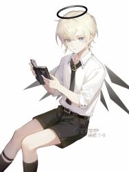 Rule 34 | 1boy, arknights, belt, belt buckle, black belt, black necktie, black shorts, black socks, black wings, blue eyes, book, buckle, closed mouth, collared shirt, commentary request, detached wings, executor (arknights), feet out of frame, grainear, hair between eyes, halo, highres, holding, holding book, light brown hair, long sleeves, looking at viewer, male focus, necktie, open book, shirt, short shorts, shorts, simple background, sitting, socks, solo, white background, white shirt, wings