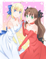 Rule 34 | 2girls, :d, ahoge, alternate costume, artoria pendragon (all), artoria pendragon (fate), bare shoulders, black ribbon, blonde hair, blue eyes, blue ribbon, breasts, brown hair, choker, cleavage, collarbone, dress, elbow gloves, fate/stay night, fate (series), female focus, formal, gloves, green eyes, hair ribbon, holding hands, interlocked fingers, long hair, looking at viewer, medium breasts, multiple girls, neck, official alternate costume, open mouth, ponytail, red choker, red dress, red gloves, ribbon, saber (fate), short hair, smile, strapless, strapless dress, tohsaka rin, two side up, type-moon, watawatage, white choker, white dress, white gloves, yuri
