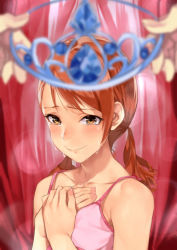 Rule 34 | 1girl, bare shoulders, blurry, blush, brown eyes, brown hair, camisole, collarbone, commentary request, crying, crying with eyes open, depth of field, gem, geregere (lantern), hands on own chest, happy tears, highres, hojo karen, holding, idolmaster, idolmaster cinderella girls, lens flare, low twintails, pink camisole, pov, pov hands, smile, solo focus, tears, tiara, twintails, wavy mouth