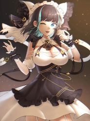 Rule 34 | 1girl, azur lane, blue eyes, breasts, cheshire (azur lane), cleavage, dress, feet out of frame, hair ribbon, hands up, highres, kia (53y), large breasts, long hair, looking at viewer, maid, multicolored hair, one eye closed, open mouth, purple hair, ribbon, simple background, smile, solo, standing