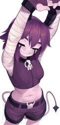 Rule 34 | 1girl, arms up, bandaged arm, bandages, belt, black belt, black choker, breasts, choker, closed eyes, copyright request, cowboy shot, crop top, demon tail, fingerless gloves, gloves, grin, hair between eyes, highres, medium breasts, medium hair, navel, purple gloves, purple hair, purple shorts, sharp teeth, shorts, simple background, skull ornament, smile, solo, stomach, tail, teeth, white background, yoako