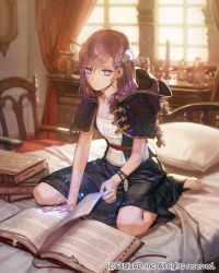 Rule 34 | 1girl, bad id, bad pixiv id, barefoot, black dress, book, brown hair, capelet, chair, character request, curtains, dragon&#039;s shadow, dress, dust, expressionless, feet, full body, hair ornament, hairpin, indoors, jug (bottle), official art, on bed, open book, pillow, pot, purple eyes, reading, short hair, short sleeves, sitting, skirt, solo, wariza, watermark, window, yna