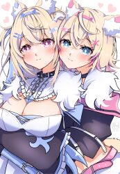Rule 34 | 2girls, :3, absurdres, animal ear fluff, animal ears, bandaid, bandaid hair ornament, belt, black collar, blonde hair, blue belt, blue eyes, blue hair, breasts, collar, dog ears, dog girl, fur trim, fuwamoco, fuwawa abyssgard, fuwawa abyssgard (1st costume), hair ornament, hairband, hairclip, heart, highres, hololive, hololive english, large breasts, long hair, long sleeves, midriff, mococo abyssgard, mococo abyssgard (1st costume), multicolored hair, multiple girls, pink belt, pink eyes, pink hair, satsuki (pixiv 742410), siblings, sisters, smile, spiked hairband, spikes, streaked hair, twins, virtual youtuber, wide sleeves