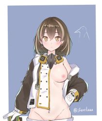 Rule 34 | 1girl, arknights, bad id, bad pixiv id, bird, bird mask, blue background, blush, breasts, brown hair, closed mouth, coat, commentary, cowboy shot, earrings, expressionless, fenrir (fenriluuu), gas mask, gloves, groin, hair between eyes, hand on own hip, highres, jewelry, long sleeves, looking at viewer, magallan (arknights), mask, mask around neck, medium breasts, midriff, multicolored hair, nipples, no bra, off shoulder, one breast out, orange eyes, partially undressed, penguin, short hair, simple background, single earring, solo, streaked hair, twitter username, two-tone hair, white gloves, white hair, winter clothes, winter coat