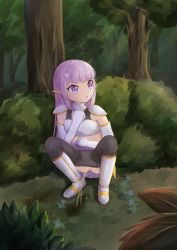 Rule 34 | 1girl, armor, bush, clothes lift, clothes pull, elnowar seylan, endro!, kohakurumi, lifted by self, open mouth, outdoors, pantyhose, pantyhose pull, peeing, pointy ears, purple eyes, purple hair, skirt, skirt lift, solo, squatting