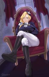 Rule 34 | 1girl, absurdres, artist name, ascot, azur lane, black footwear, blonde hair, blue eyes, blue hat, blue jacket, boots, breasts, chair, commentary, commission, crossed legs, earrings, english commentary, flower, frilled ascot, frills, full body, gasart, gloves, hat, hat flower, highres, holding, holding riding crop, hood (azur lane), hood (gentlewoman and stallion) (azur lane), jacket, jewelry, knee boots, large breasts, long hair, long sleeves, looking at viewer, official alternate costume, pants, pants tucked in, riding boots, riding crop, riding outfit, royal navy emblem (azur lane), sitting, smirk, solo, tilted headwear, torn curtains, watermark, white gloves, white pants, window