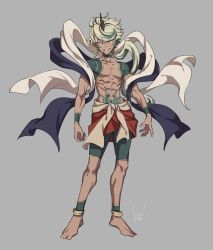 Rule 34 | 1boy, abs, anklet, bad id, bad twitter id, barefoot, commentary request, contrapposto, copyright request, full body, grey background, grin, gym shorts, highres, horns, jewelry, looking at viewer, male focus, multicolored hair, samei ikusa, sash, scarf, sharp teeth, shorts, signature, silver hair, simple background, single horn, smile, solo, standing, streaked hair, teeth, topless male, wristband, yellow eyes