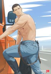 Rule 34 | abs, absurdres, artist name, bara, biceps, boots, brown hair, day, denim, facial hair, grey eyes, highres, jeans, katto8452, logo, male focus, manly, motor vehicle, muscular, muscular male, nipples, original, pants, pectorals, road, sky, solo, stubble, thick eyebrows, tight clothes, topless male, truck