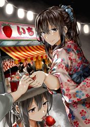 Rule 34 | 1girl, absurdres, araido kagiri, blush, brown hair, candy, candy cane, closed mouth, commentary request, floral print, food, from behind, fruit, hair between eyes, highres, holding hands, japanese clothes, kimono, lantern, long hair, long sleeves, looking at viewer, looking back, multiple views, obi, original, outdoors, pink lips, ponytail, pov, pov hands, sash, smile, solo focus, standing, strawberry, sweatdrop, wide sleeves, yukata