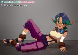 Rule 34 | 1girl, arm rest, bandaged arm, bandaged leg, bandages, blue hair, breasts, brown gloves, closed mouth, commission, crop top, fanbox username, feet, female focus, fingerless gloves, gloves, goggles, goggles around neck, green eyes, green hair, hair between eyes, hand on own thigh, jak and daxter, keira hagai, knee up, lips, looking at viewer, lying, medium breasts, multicolored hair, navel, on side, paid reward available, pants, pointy ears, purple pants, reflection, shirt, short hair, solo, subscribestar username, suspenders, the dark mangaka, thighs, toeless footwear, toes, watermark, web address, white shirt