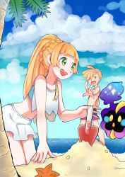 Rule 34 | 1boy, 1girl, beach, blonde hair, braid, brother and sister, cloud, cosmog, creatures (company), day, french braid, game freak, gen 7 pokemon, gladion (pokemon), green eyes, hetchhog tw, highres, holding, legendary pokemon, lillie (pokemon), long hair, nintendo, ocean, outdoors, outstretched arm, palm tree, pokemon, pokemon (creature), pokemon sm, sand, sand castle, sand sculpture, sarong, shovel, siblings, smile, starfish, swimsuit, tree, water, worktool
