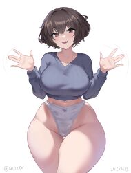 Rule 34 | 1girl, absurdres, breasts, commentary, cowboy shot, crossed bangs, dated, english commentary, gad ddx, gad the god, highres, large breasts, long sleeves, looking at viewer, motion lines, open mouth, panties, simple background, smile, solo, sweater, thick thighs, thighs, twitter username, underwear, white background, white panties