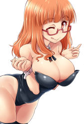 Rule 34 | 1girl, ;d, black legwear, black leotard, breasts, cleavage, covered navel, detached collar, girls und panzer, kitayama miuki, large breasts, leotard, long hair, looking at viewer, neckerchief, one eye closed, open mouth, playboy bunny, simple background, skin tight, skindentation, smile, strapless, strapless leotard, white background, wrist cuffs