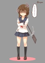 Rule 34 | ..., 10s, 1girl, anger vein, black socks, brown hair, closed eyes, collarbone, crossed arms, facing viewer, false smile, folded ponytail, full body, grey background, holding, inazuma (kancolle), kantai collection, kneehighs, long sleeves, miniskirt, neckerchief, plasma-chan (kancolle), pleated skirt, school uniform, serafuku, shaded face, shoes, short hair, simple background, skirt, smile, socks, solo, spoken ellipsis, standing, twitter username, yua (checkmate)