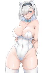 Rule 34 | 1girl, alternate costume, animal ears, arknights, arms behind back, aurora (arknights), bare arms, bare shoulders, bear ears, black hairband, blue bow, blue bowtie, blue eyes, bow, bowtie, collarbone, commentary request, covered navel, cowboy shot, detached collar, gluteal fold, groin, hair over one eye, hairband, highres, leotard, looking at viewer, partial commentary, simple background, smile, solo, standing, strapless, strapless leotard, thighhighs, thighs, white background, white hair, white leotard, white thighhighs, yuzuruka (bougainvillea)