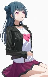 Rule 34 | 1girl, absurdres, aftamc, black collar, black jacket, blue hair, collar, collarbone, commentary request, feet out of frame, grey background, hair bun, highres, jacket, leather, leather jacket, long hair, long sleeves, looking away, love live!, love live! sunshine!!, open clothes, open jacket, parted lips, pleated skirt, purple eyes, purple skirt, shirt, simple background, single side bun, sitting, skirt, solo, stomach ache, tsushima yoshiko, very long hair, wariza, white shirt, wide sleeves