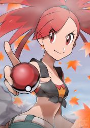Rule 34 | 1girl, autumn leaves, bare arms, black shirt, breasts, closed mouth, collarbone, commentary request, creatures (company), flannery (pokemon), game freak, green pants, gym leader, hair tie, holding, holding poke ball, jeri20, long hair, midriff, nintendo, pants, poke ball, poke ball (basic), pokemon, pokemon oras, ponytail, red eyes, red hair, sash, shirt, sleeveless, sleeveless shirt, smile, solo, tied shirt, watermark