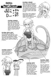 Rule 34 | 10s, 1girl, breasts, character name, character profile, claws, cleavage, echidna (monster musume), english text, fangs, finger in own mouth, greyscale, guardbro, hair ornament, hairclip, highres, lamia, large breasts, monochrome, monster girl, monster musume no iru nichijou, navel, non-web source, official style, piper (monster musume), pointy ears, scales, slit pupils, solo