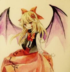 Rule 34 | 1girl, bat wings, black vest, blonde hair, commentary request, elis (touhou), facial mark, flat chest, flower, hair flower, hair ornament, hair ribbon, holding, holding wand, kaigen 1025, long hair, long sleeves, neck ribbon, open clothes, open mouth, open vest, painting (medium), pointy ears, purple wings, red eyes, red flower, red ribbon, red skirt, ribbon, shirt, simple background, skirt, smile, solo, star (symbol), star facial mark, star wand, touhou, touhou (pc-98), traditional media, vest, wand, watercolor (medium), white background, white shirt, wings