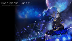 Rule 34 | 1girl, blue bow, blue eyes, blue flower, blue hair, bow, building, character name, closed mouth, commentary request, flower, full moon, grey jacket, grey skirt, hair between eyes, hair bow, hololive, hoshimachi suisei, hoshimachi suisei (1st costume), jacket, long hair, lunacats, moon, petals, plaid, plaid jacket, plaid skirt, side ponytail, sidelocks, signature, skirt, sky, skyscraper, solo, star (sky), starry sky, striped, striped bow, virtual youtuber, watermark, web address
