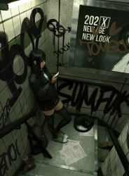 Rule 34 | 1girl, absurdres, against wall, backpack, bag, black cat, black hair, black thighhighs, cat, cellphone, commentary, english commentary, from above, graffiti, guweiz, highres, holding, holding phone, long hair, miniskirt, original, phone, shoes, skirt, smartphone, sneakers, solo focus, standing, subway, thighhighs, unworn backpack, unworn bag, when you see it, zettai ryouiki