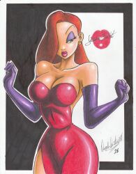 Rule 34 | 1girl, 2018, arms up, artist name, bare shoulders, breasts, cleavage, collarbone, disney, dress, earrings, eyeshadow, gloves, green eyes, hair over one eye, highres, jessica rabbit, jewelry, large breasts, lips, lipstick mark, long hair, makeup, purple gloves, ravernclouk design, red dress, red hair, text background, traditional media, who framed roger rabbit, wide hips