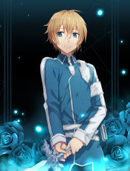 Rule 34 | 1boy, belt, blonde hair, blue eyes, blue flower, blue jacket, blue pants, collared jacket, commentary request, cowboy shot, eugeo, expressionless, flower, gabiran, hair between eyes, holding, holding sword, holding weapon, jacket, long sleeves, looking at viewer, male focus, multicolored clothes, multicolored jacket, pants, sheath, short hair, solo, sword, sword art online, sword art online: alicization, weapon, white belt, white jacket