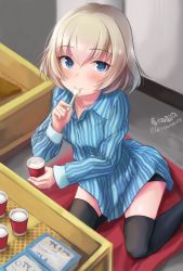 Rule 34 | 10s, 1girl, artist name, bad id, bad twitter id, black thighhighs, blanket, blonde hair, blue eyes, casual, collared shirt, cup, eating, girls und panzer, haruhata mutsuki, holding, holding hands, indoors, katyusha (girls und panzer), leaning to the side, long sleeves, looking at viewer, shirt, short hair, signature, sitting, solo, spoon, striped clothes, striped shirt, thighhighs, twitter username, utensil in mouth, vertical-striped clothes, vertical-striped shirt, yokozuwari