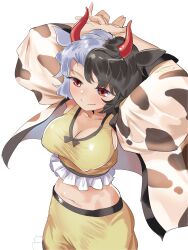 Rule 34 | 1girl, absurdres, animal ears, animal print, arms behind head, arms up, black hair, breasts, cleavage, covered erect nipples, cow ears, cow horns, cow print, cow tail, frills, grey hair, gunnjou yosio, haori, highres, horns, japanese clothes, large breasts, midriff, multicolored hair, parted lips, red eyes, red horns, short hair, shorts, smile, solo, split-color hair, tail, tank top, touhou, ushizaki urumi, white background, yellow shorts, yellow tank top