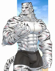 Rule 34 | 1boy, abs, animal ears, arknights, bara, black male underwear, blackwolfstain, boxer briefs, bulge, facial hair, feet out of frame, frown, furry, furry male, goatee, highres, large hands, large pectorals, looking to the side, male focus, male underwear, mountain (arknights), muscular, muscular male, navel, nipples, open hand, pectorals, scar, scar across eye, scar on arm, short hair, solo, standing, stomach, strongman waist, thick eyebrows, thick thighs, thighs, tiger boy, tiger ears, topless male, underwear, white fur, white hair