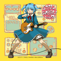 Rule 34 | 1girl, arm up, bloomers, blue eyes, blue hair, character name, dress, effects pedal, electric guitar, fender (company), gibson, gibson marauder, guitar, hair bobbles, hair ornament, instrument, kawashiro nitori, long sleeves, looking at viewer, maru8 a go go, maruhachi (maruhachi record), matching hair/eyes, no headwear, open mouth, ribbon, short hair, short twintails, skirt, skirt set, smile, socks, solo, standing, touhou, twintails, two side up, underwear, whammy bar