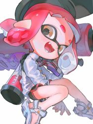 Rule 34 | 1girl, :d, aspara, bad id, bad twitter id, black hat, black shorts, blunt bangs, blush, brown eyes, commentary, dolphin shorts, dress shirt, ear blush, fangs, gym shorts, hat, highres, hiking sandals, holding, holding weapon, ink tank (splatoon), inkling, inkling girl, inkling player character, invisible chair, light blush, long sleeves, looking at viewer, necktie, nintendo, open mouth, pointy ears, red hair, sandals, shirt, short hair, short shorts, shorts, simple background, sitting, smile, solo, splat roller (splatoon), splatoon (series), splatoon 2, striped necktie, striped neckwear, tentacle hair, weapon, white background, white footwear, white shirt