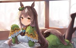 Rule 34 | 1girl, absurdres, animal ears, back bow, black bow, black pantyhose, blue gemstone, blush, bow, braid, breasts, brooch, brown hair, closed mouth, day, ear ornament, feet up, frilled shirt, frilled sleeves, frills, gem, green skirt, grey hair, half updo, highres, horse ears, horse girl, horse tail, jewelry, long hair, long sleeves, looking at viewer, lying, medium breasts, medium skirt, multicolored hair, no shoes, on stomach, orange eyes, outdoors, pantyhose, pillow, railing, satono diamond (umamusume), shirt, shrug (clothing), skirt, sleeves past fingers, sleeves past wrists, smile, solo, sunlight, taikoi7, tail, two-tone hair, umamusume, very long hair, white shirt