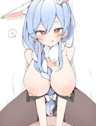 Rule 34 | 1girl, :q, absurdres, alternate costume, animal ear fluff, animal ears, black leotard, black pantyhose, blue hair, blush, braid, braided ponytail, breasts, breasts out, censored, cleavage, cowgirl position, don-chan (usada pekora), fur scarf, hair between breasts, hair ribbon, heart, heart censor, highres, hololive, kuma no bansoukou, large breasts, leotard, light blue hair, long hair, looking at viewer, mature female, nipples, orange eyes, pantyhose, pekomama, playboy bunny, rabbit ears, rabbit girl, ribbon, sex, short eyebrows, simple background, sitting, smile, spoken heart, straddling, strapless, strapless leotard, thick eyebrows, tongue, tongue out, virtual youtuber, white background
