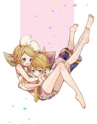 1boy 1girl arms_around_neck bare_arms bare_legs bare_shoulders barefoot belt blonde_hair blue_eyes bow brother_and_sister cheek_rest confetti falling frilled_shirt frills hair_bow hair_ornament hairclip highres hug kagamine_len kagamine_rin lying lying_on_person midriff neckerchief necktie o3o on_stomach open_mouth pink_background pout puckered_lips purple_sailor_collar purple_shorts sailor_collar sazanami_(ripple1996) shirt short_hair short_ponytail shorts siblings sleeveless sleeveless_shirt smile treble_clef twins vocaloid white_bow white_shirt yellow_belt yellow_nails yellow_neckerchief yellow_necktie