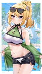 Rule 34 | 1girl, absurdres, bikini, bikini under clothes, blonde hair, breasts, chloe (princess connect!), green jacket, hair tie, highres, jacket, jewelry, long hair, medium breasts, midriff, nassss, navel, necklace, pointy ears, ponytail, princess connect!, short shorts, shorts, star (symbol), stomach, sunglasses, swimsuit