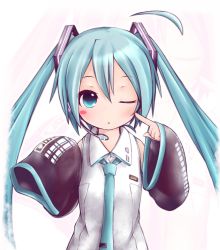 Rule 34 | 1girl, akino coto, aqua eyes, aqua hair, detached sleeves, hatsune miku, highres, long hair, one eye closed, oversized clothes, solo, twintails, very long hair, vocaloid