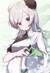 Rule 34 | 1girl, arknights, beudelb, blush, bun cover, chinese clothes, closed mouth, eyebrows hidden by hair, gloves, green background, green gloves, heart, heart hands, highres, light particles, long hair, long sleeves, looking at viewer, mulberry (arknights), mulberry (plant crude drug) (arknights), official alternate costume, purple eyes, silver hair, single glove, solo, upper body