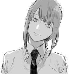 Rule 34 | 1girl, black necktie, braid, braided ponytail, business suit, chainsaw man, collared shirt, formal, greyscale, head tilt, light smile, long hair, looking at viewer, makima (chainsaw man), monochrome, necktie, ringed eyes, shirt, smile, suit, tatami ja, white background, white shirt