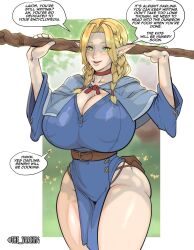 Rule 34 | 1girl, adapted costume, aged up, alternate body size, alternate breast size, bare legs, blonde hair, blue capelet, blue robe, braid, breasts, capelet, choker, cleavage, commentary, crown braid, curvy, dungeon meshi, elf, english commentary, english text, green eyes, highres, holding, holding staff, huge breasts, long hair, low twin braids, marcille donato, mature female, pelvic curtain, pointy ears, red choker, robe, solo, speech bubble, staff, the varking, thick thighs, thighs, twin braids