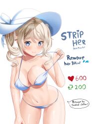 Rule 34 | 1girl, absurdres, alternate breast size, artist name, barbara (genshin impact), bikini, bikini pull, blonde hair, blue eyes, blush, breasts, closed mouth, clothes pull, collarbone, commentary, dokimaru, drill hair, english commentary, genshin impact, hat, highres, large breasts, leaning forward, like and retweet, long hair, meme, navel, pulling own clothes, simple background, solo, speech bubble, stomach, strap pull, sun hat, swimsuit, thighs, twintails, twitter strip game (meme), wet, white background, white bikini, white hat